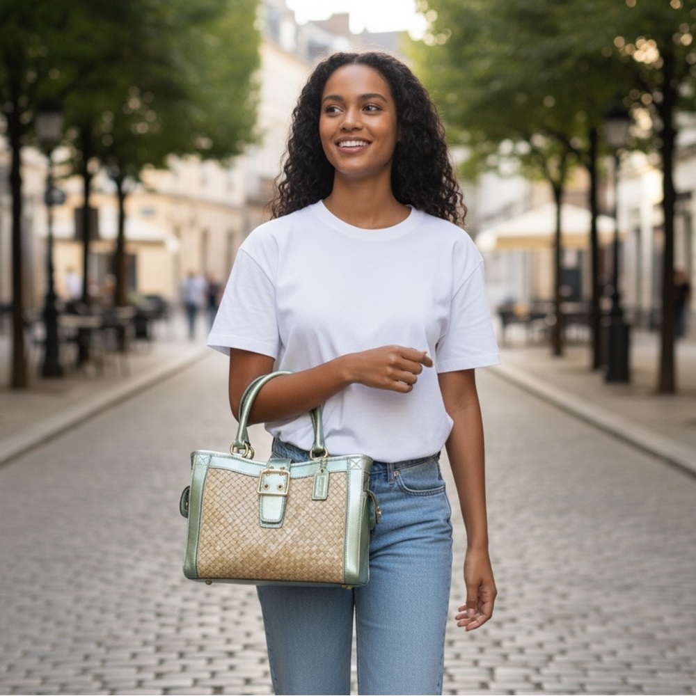 Coach Green and Tan Tote with Woven Design - Picture 8 of 16